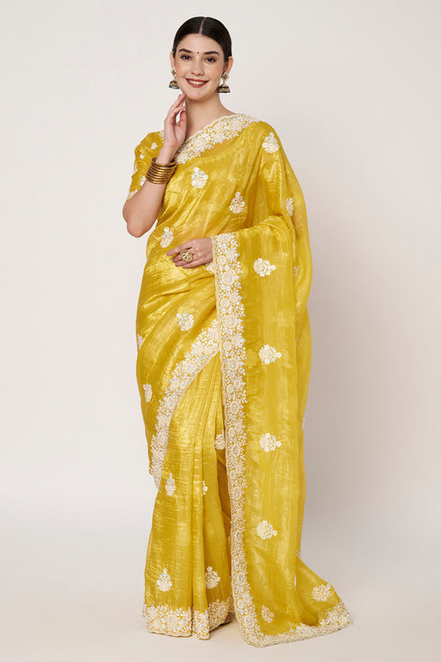 Yellow Gold Crush Saree with Embroidery & Hand Work