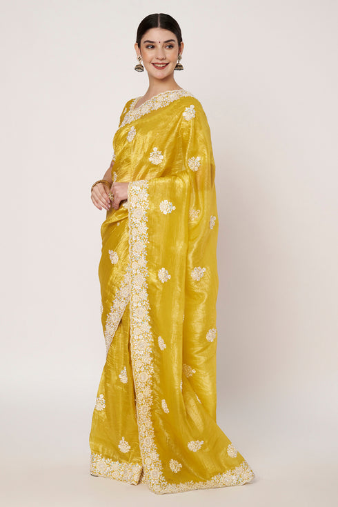 Yellow Gold Crush Saree with Embroidery & Hand Work