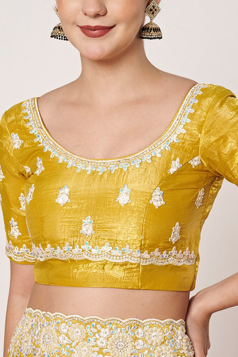 Yellow Gold Crush Saree with Embroidery & Hand Work