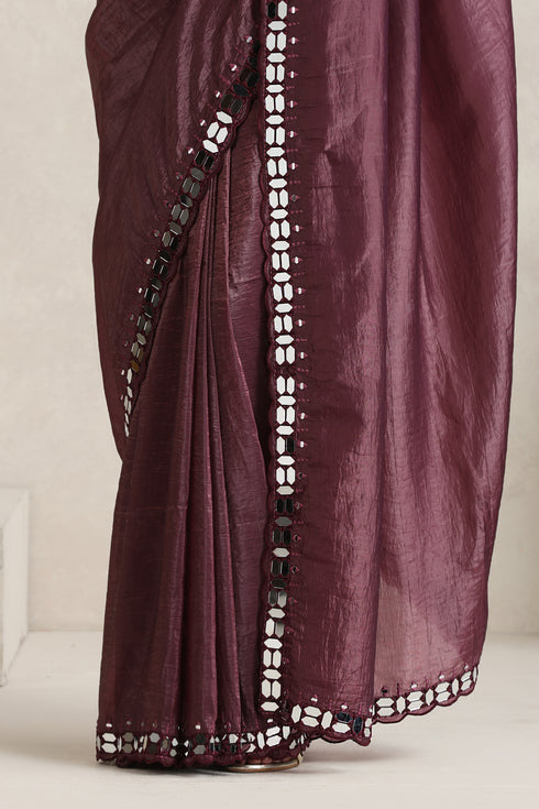 Wine Berry Mirror Handwork Saree with Mirrior work Silk Blouse