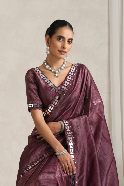Wine Berry Mirror Handwork Saree with Mirrior work Silk Blouse