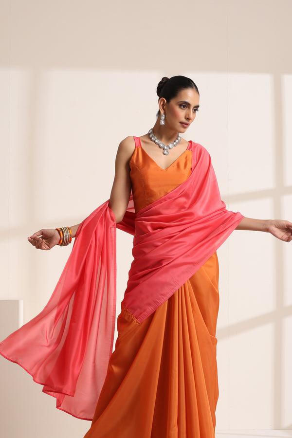 Peach Pink and Orange Silk Saree