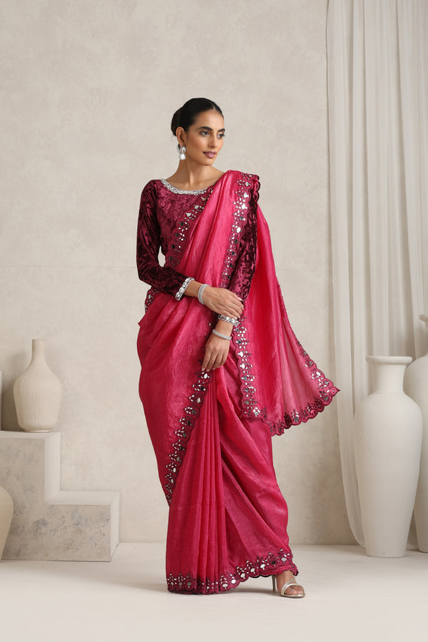 Brick Red Mirror Handwork Saree with Mirrior work Silk Blouse
