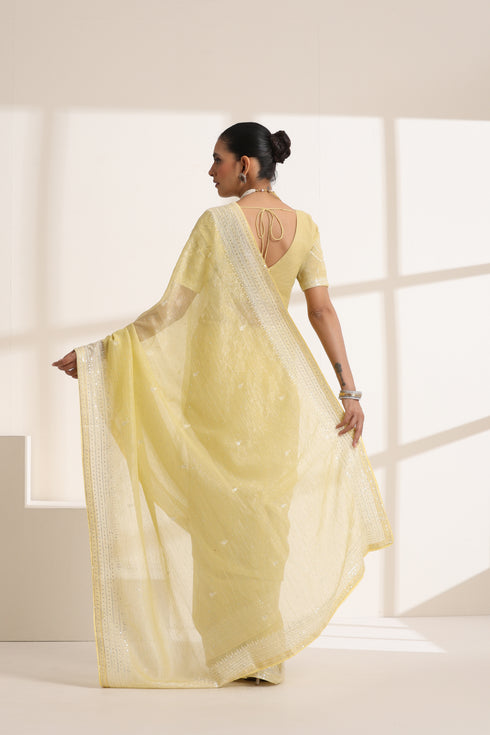 Light Yellow Chiffon Saree with Silver Embroidery Work