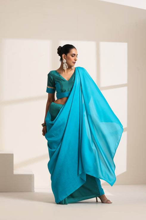 Blue And Teal Green Silk Saree with Matching Blouse