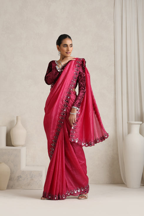 Brick Red Mirror Handwork Saree with Mirrior work Silk Blouse