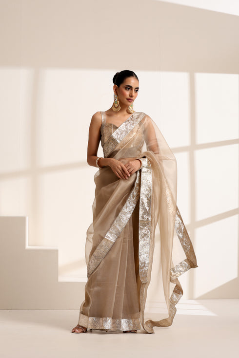 Golden Beige Organza Saree with Silver Border