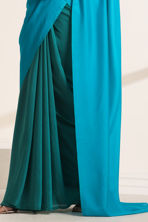 Blue And Teal Green Silk Saree with Matching Blouse