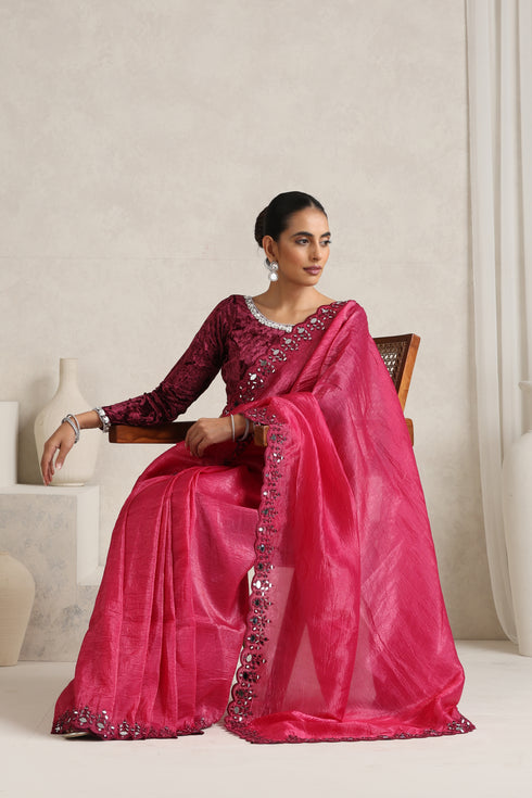 Brick Red Mirror Handwork Saree with Mirrior work Silk Blouse