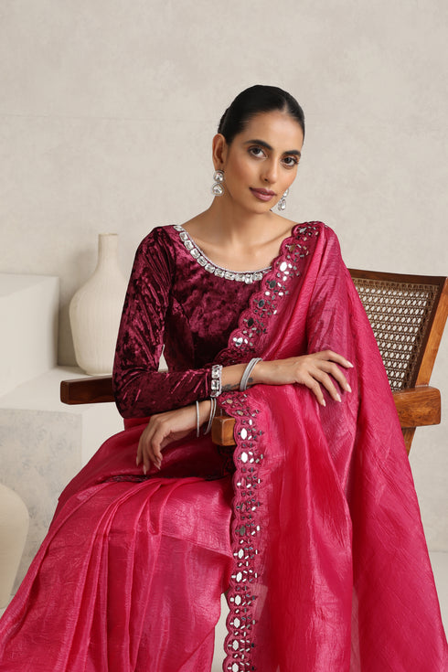 Brick Red Mirror Handwork Saree with Mirrior work Silk Blouse