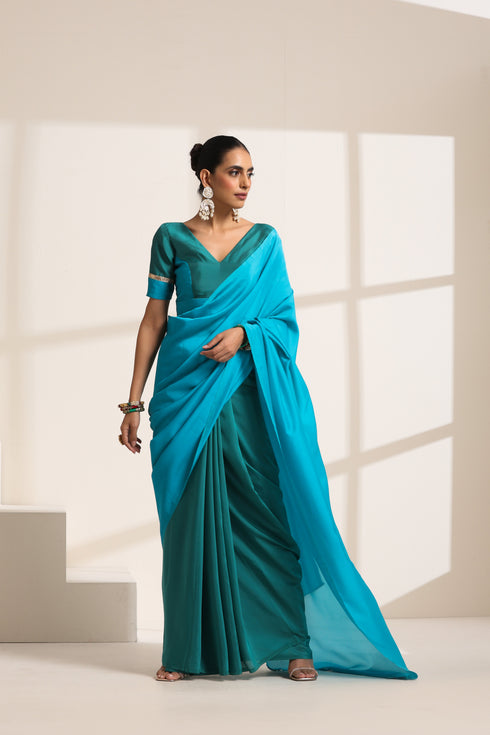 Blue And Teal Green Silk Saree with Matching Blouse