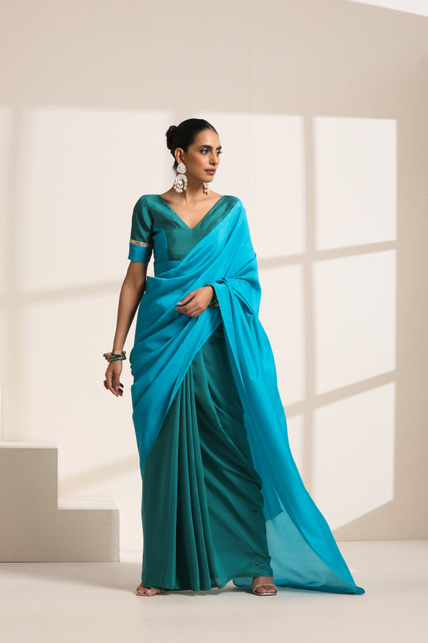 Blue And Teal Green Silk Saree with Matching Blouse