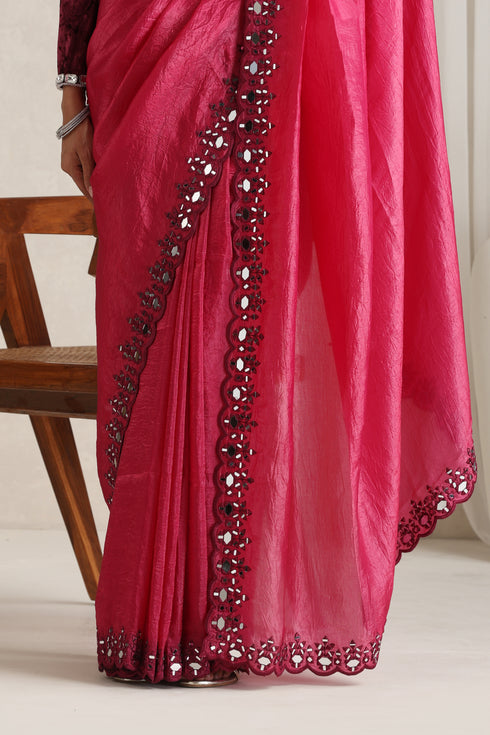 Brick Red Mirror Handwork Saree with Mirrior work Silk Blouse