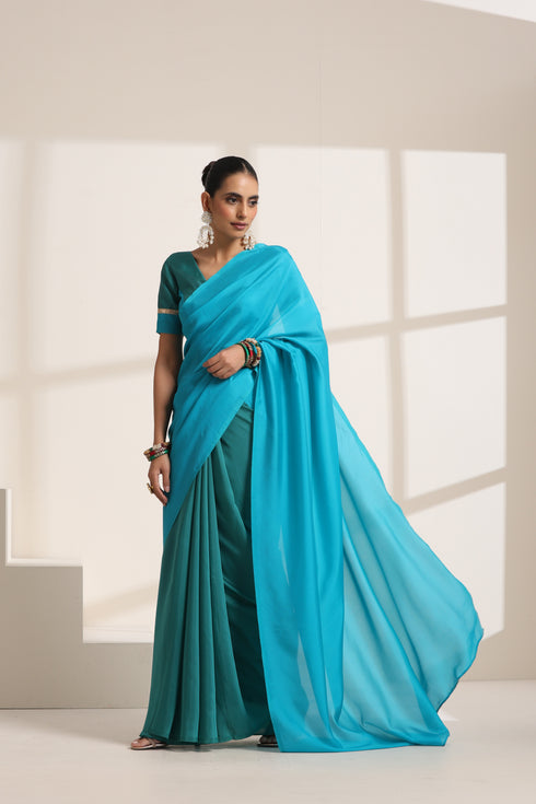 Blue And Teal Green Silk Saree with Matching Blouse