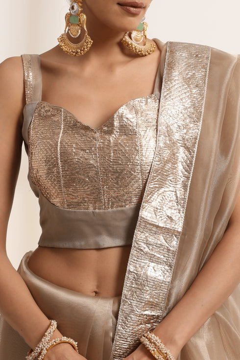 Golden Beige Organza Saree with Silver Border