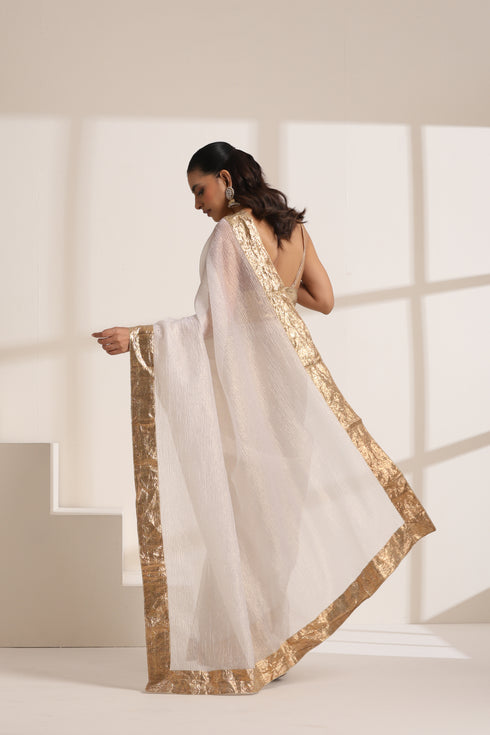 White Organza Saree with Golden Lampi Lace Border