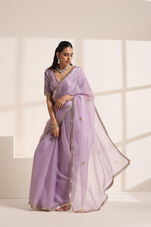 Purple Organza Saree with Acrylic Sapprow Golden Lampi Lace Border