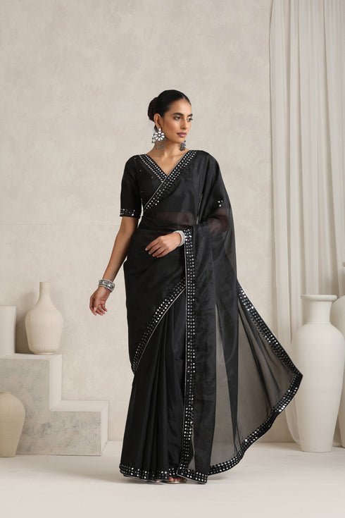 Black Mirror Handwork Saree with Mirrior work Silk Blouse