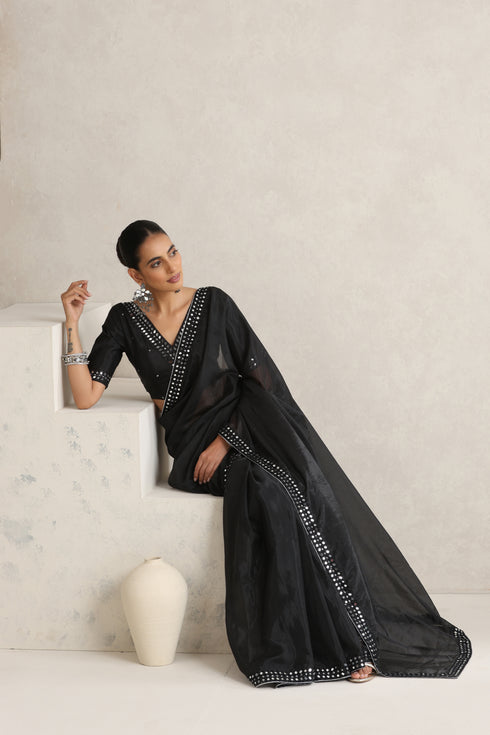 Black Mirror Handwork Saree with Mirrior work Silk Blouse