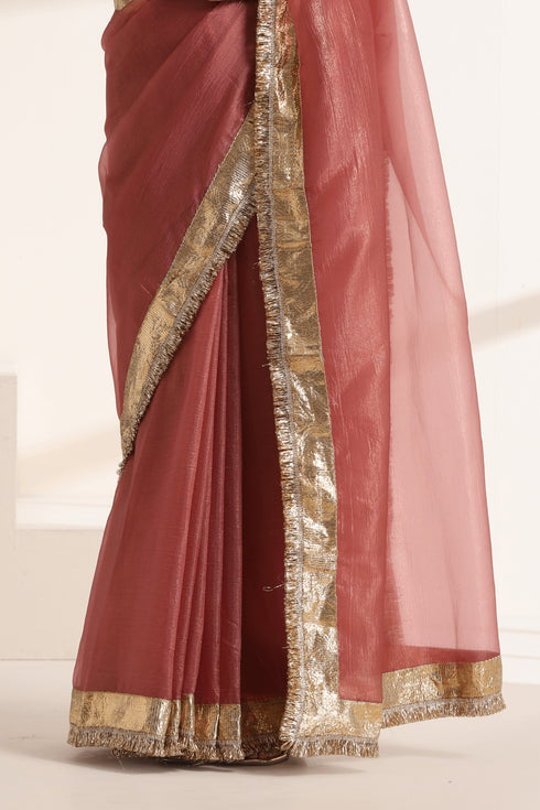 Rose Pink Silk Organza Saree with Golden Zari Border