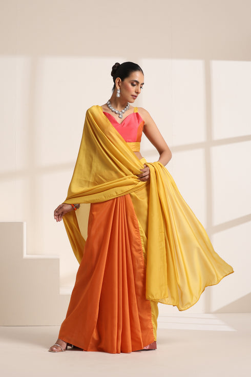 Yellow and Pink Silk Saree with Contrast Pink Blouse
