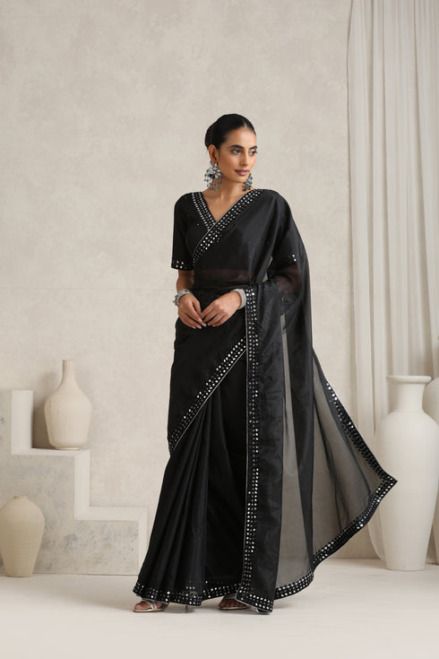 Black Mirror Handwork Saree with Mirrior work Silk Blouse