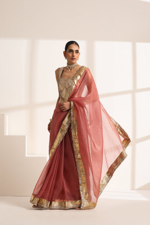 Rose Pink Silk Organza Saree with Golden Zari Border
