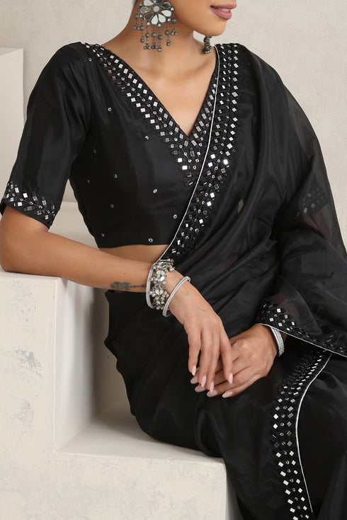Black Mirror Handwork Saree with Mirrior work Silk Blouse