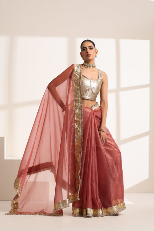 Rose Pink Silk Organza Saree with Golden Zari Border