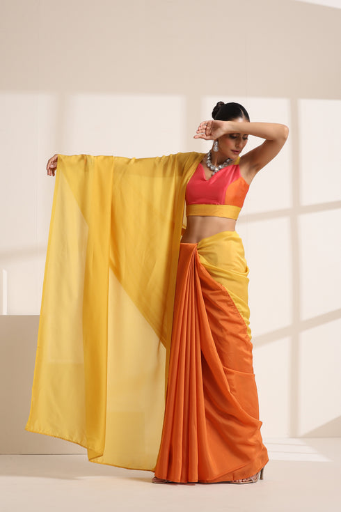 Yellow and Pink Silk Saree with Contrast Pink Blouse