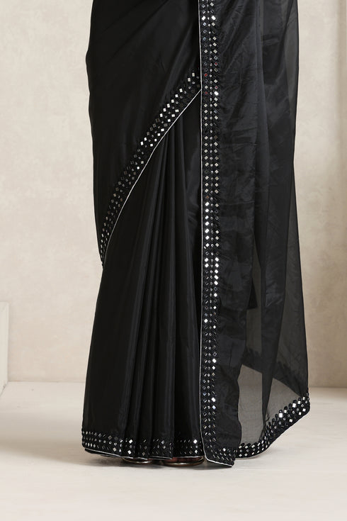 Black Mirror Handwork Saree with Mirrior work Silk Blouse