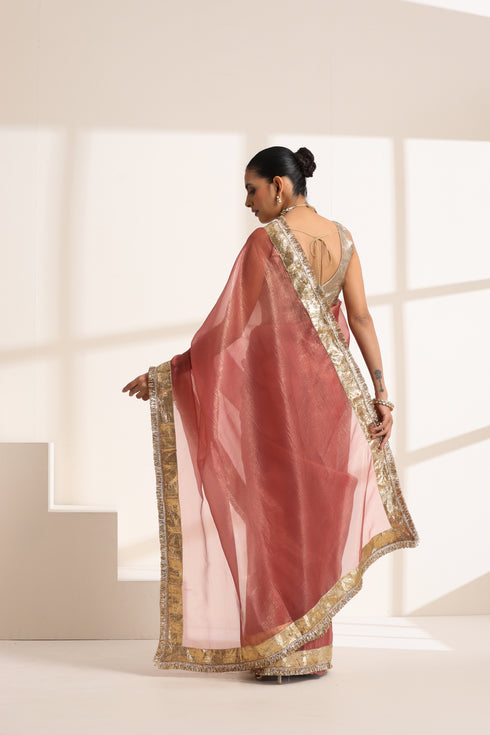 Rose Pink Silk Organza Saree with Golden Zari Border