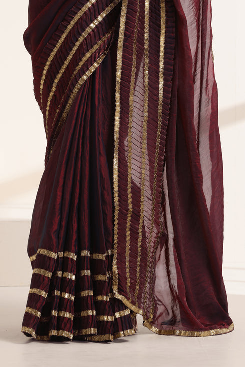 Deep Wine Pure Silk Saree with Golden Striped Border
