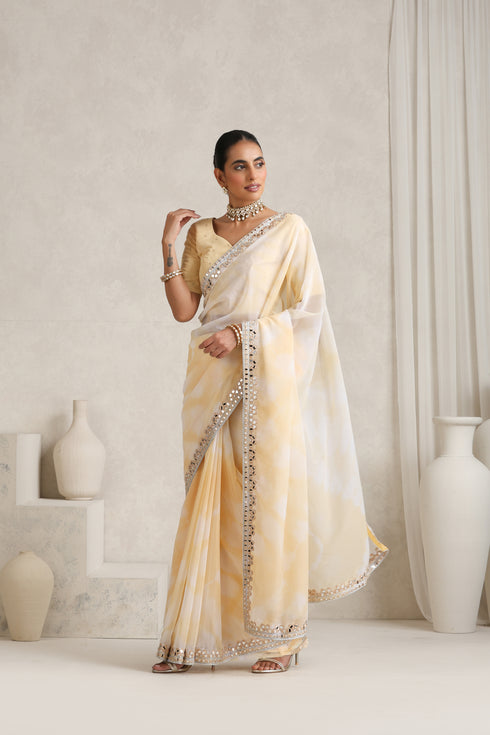 Yellow Shibori Mirror Handwork Saree with Mirrior work Silk Blouse