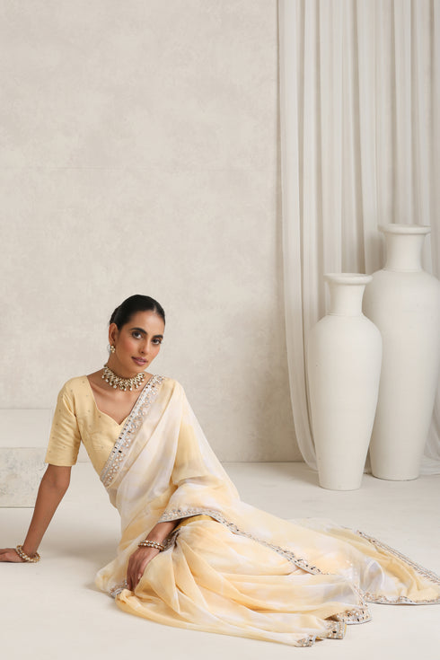 Yellow Shibori Mirror Handwork Saree with Mirrior work Silk Blouse