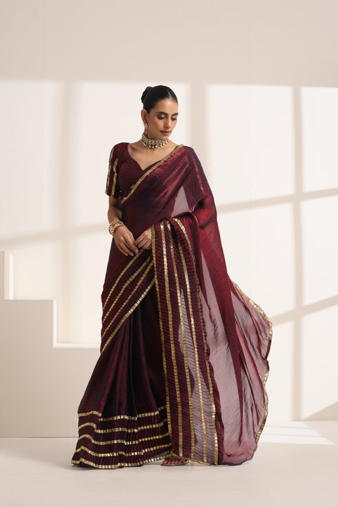 Deep Wine Pure Silk Saree with Golden Striped Border
