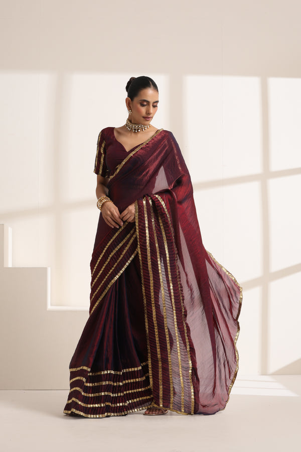 Deep Wine Pure Silk Saree with Golden Striped Border