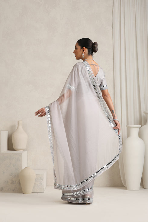 Klishaaart Dove Grey Mirror Work Saree with work Silk Blouse