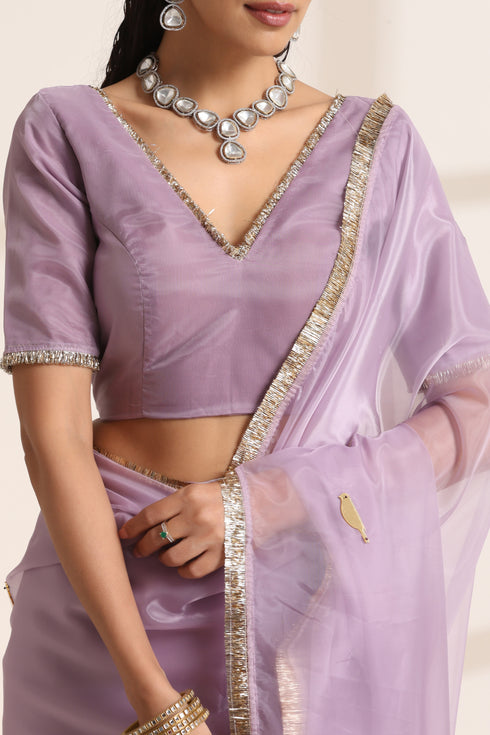Purple Organza Saree with Acrylic Sapprow Golden Lampi Lace Border