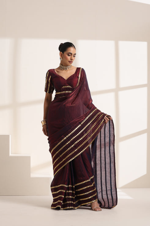 Deep Wine Pure Silk Saree with Golden Striped Border