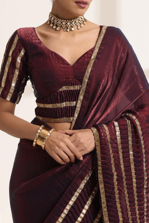 Deep Wine Pure Silk Saree with Golden Striped Border