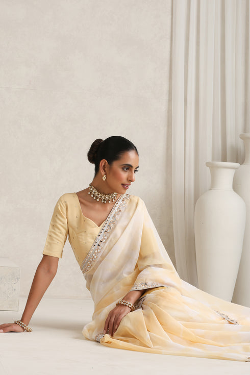 Yellow Shibori Mirror Handwork Saree with Mirrior work Silk Blouse