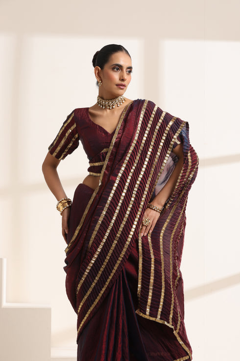 Deep Wine Pure Silk Saree with Golden Striped Border