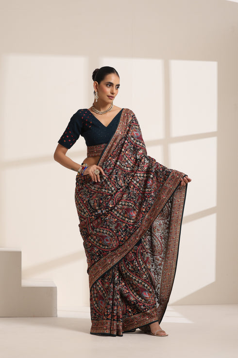 Black Georgette Embroidered Saree for Women