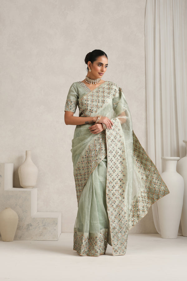 Bud Green Mirror Handwork Saree with Mirrior work Silk Blouse