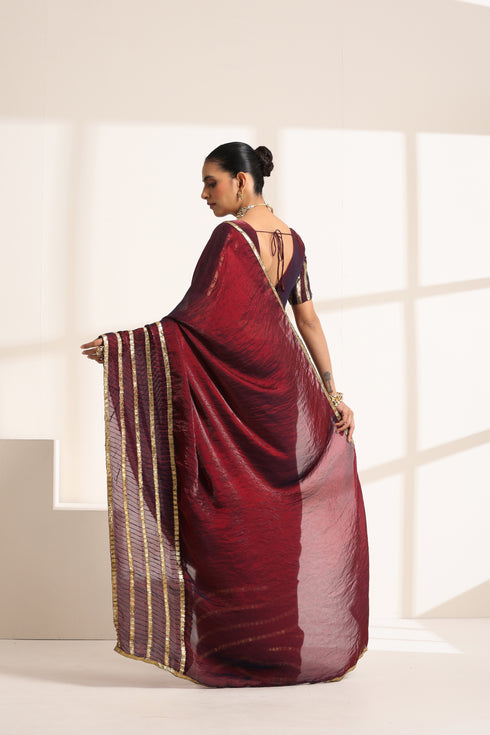 Deep Wine Pure Silk Saree with Golden Striped Border