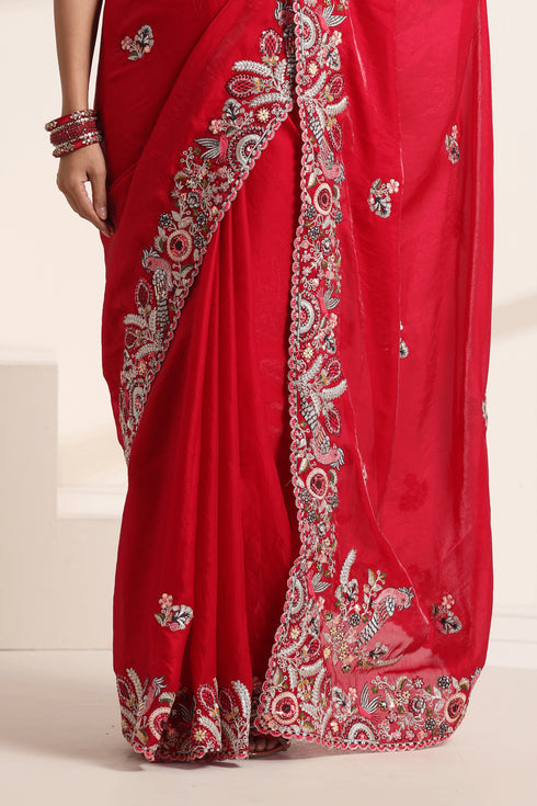 Red Pure Silk Saree with Intricate Peacock Embroidery
