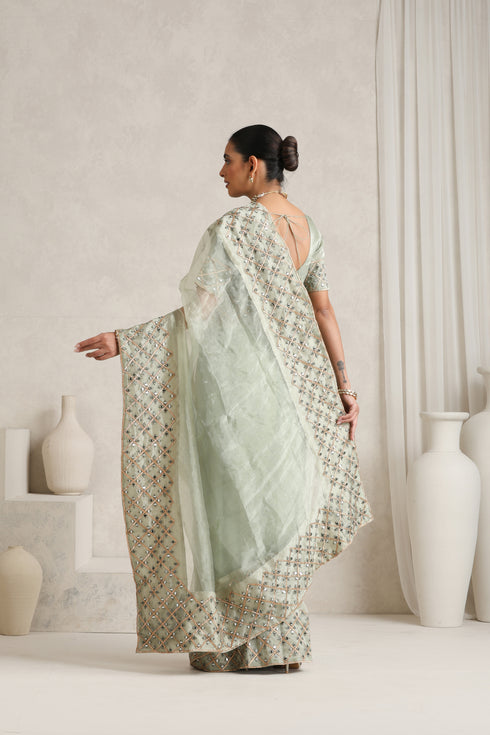 Bud Green Mirror Handwork Saree with Mirrior work Silk Blouse