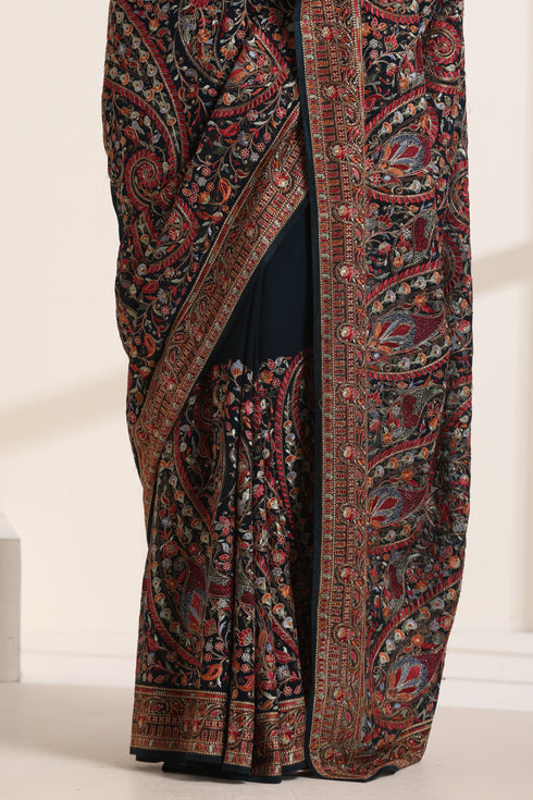 Black Georgette Embroidered Saree for Women