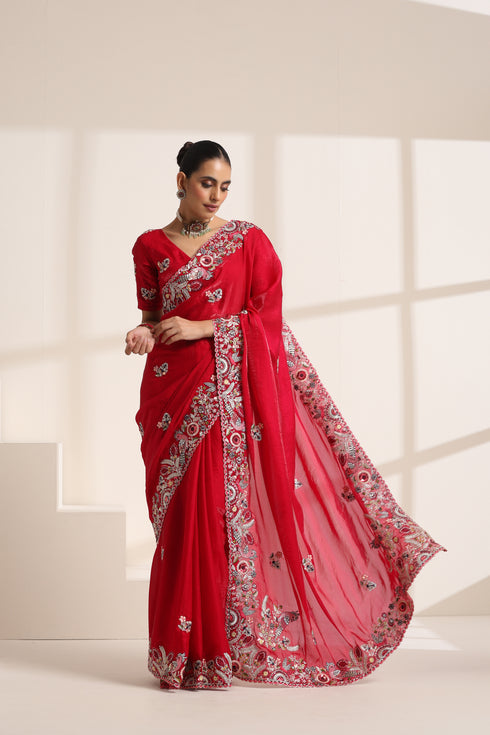 Red Pure Silk Saree with Intricate Peacock Embroidery